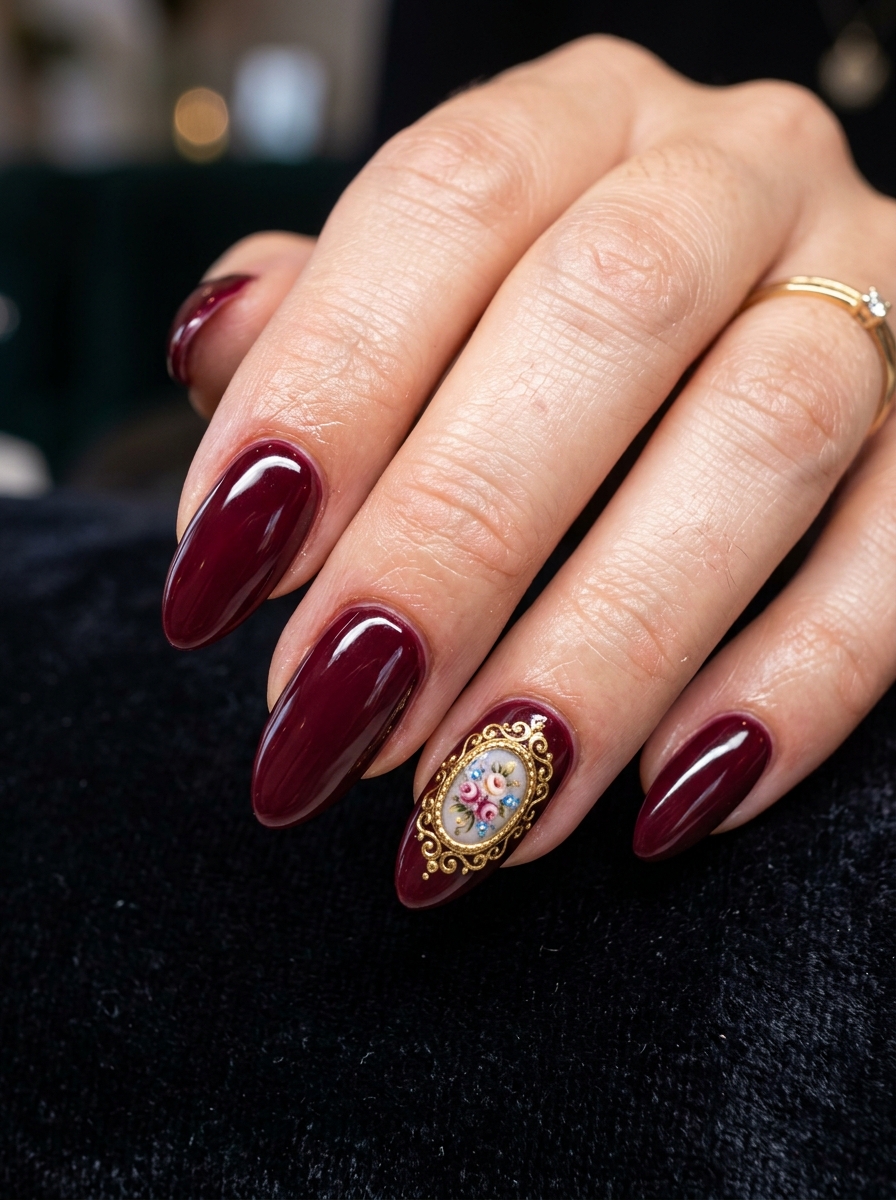 Victorian Gold Filigree Picture Frame on Wine Red - moody dark academia nail art