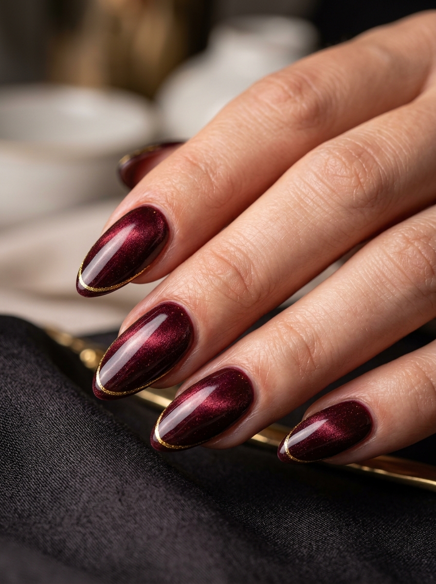 Oxblood Velvet Cat-Eye with Gold Wire Smile Line - moody dark academia nail art
