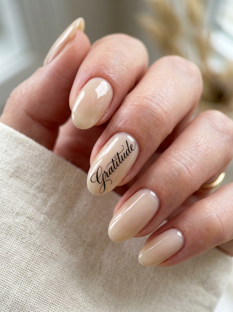 Milky Parchment with Delicate Calligraphy Script - moody dark academia nail art