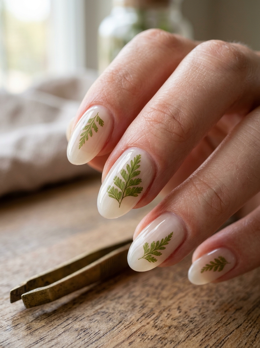 Real Pressed Herbarium Fern on Milky Glass - moody dark academia nail art