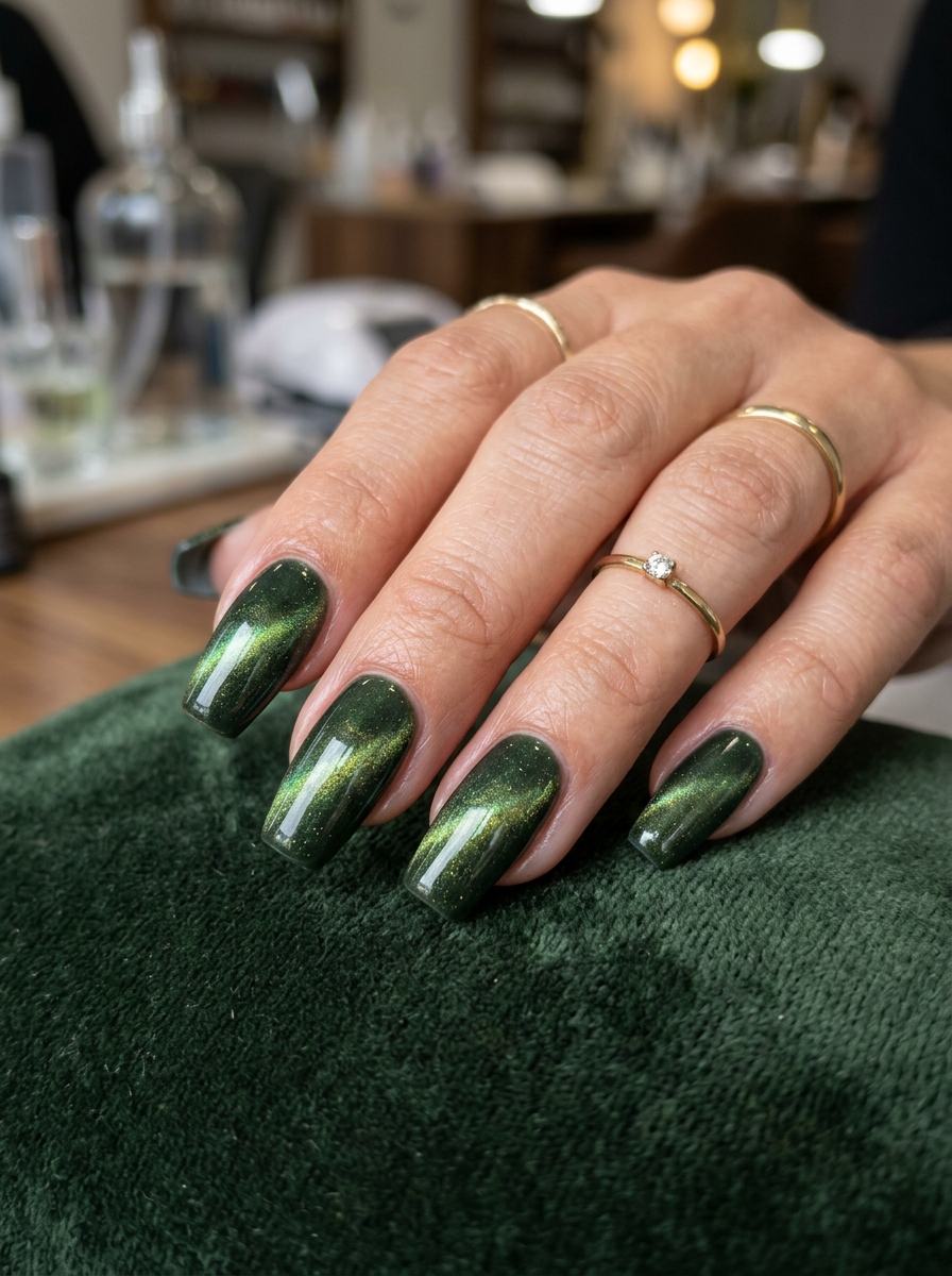 Deep Moss Forest Green Velvet Cat-Eye - moody dark academia nail art