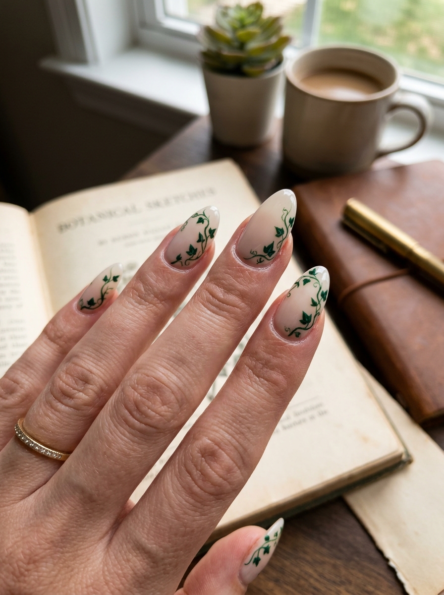 Trailing Emerald Ivy Vines on Parchment Nude - moody dark academia nail art