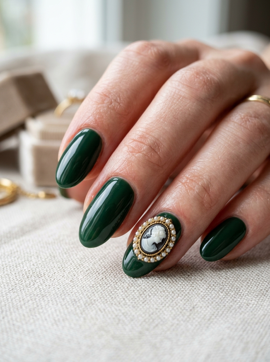 Victorian Gilded Cameo Brooch on Forest Green - moody dark academia nail art