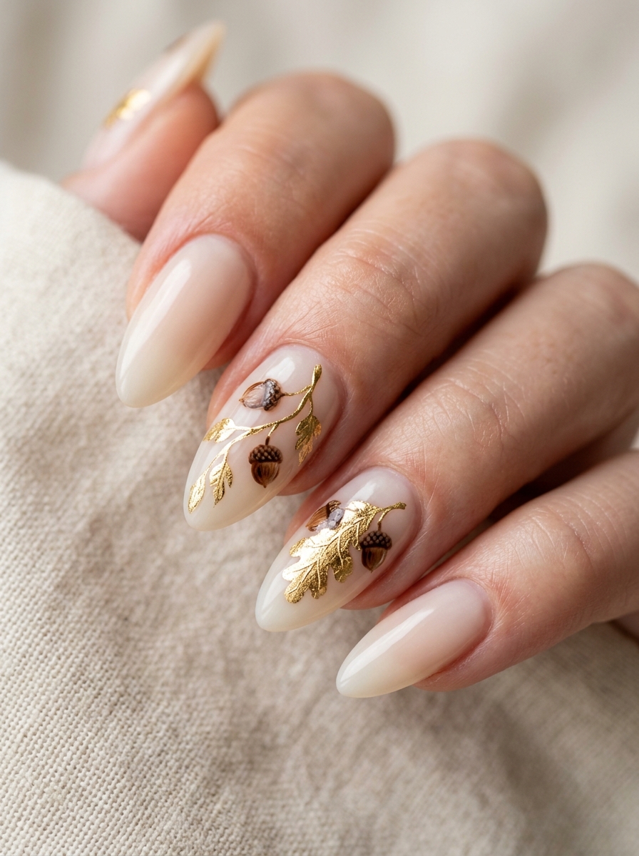Gold Leaf Oak Leaves & Micro Acorns - moody dark academia nail art