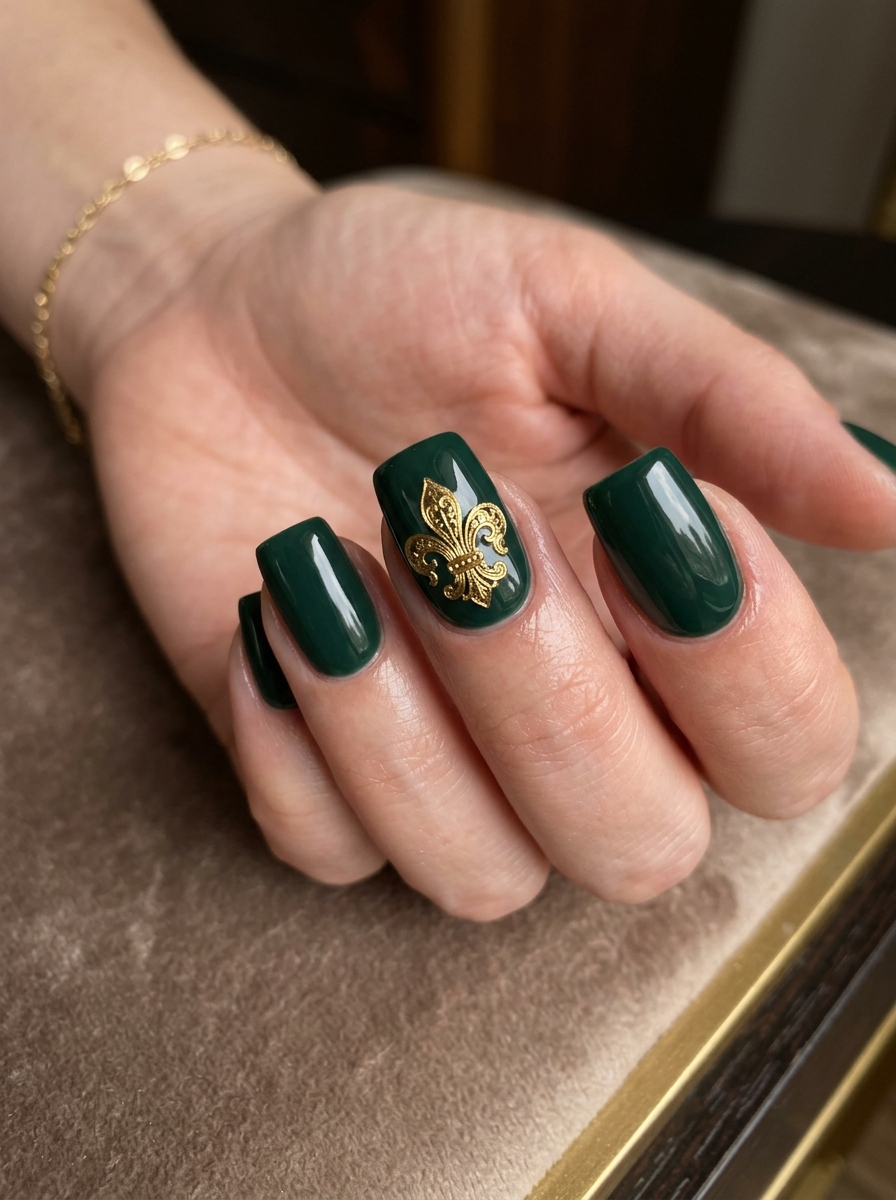 Antique Gold Fleur-de-lis Crest on Deep Pine - moody dark academia nail art
