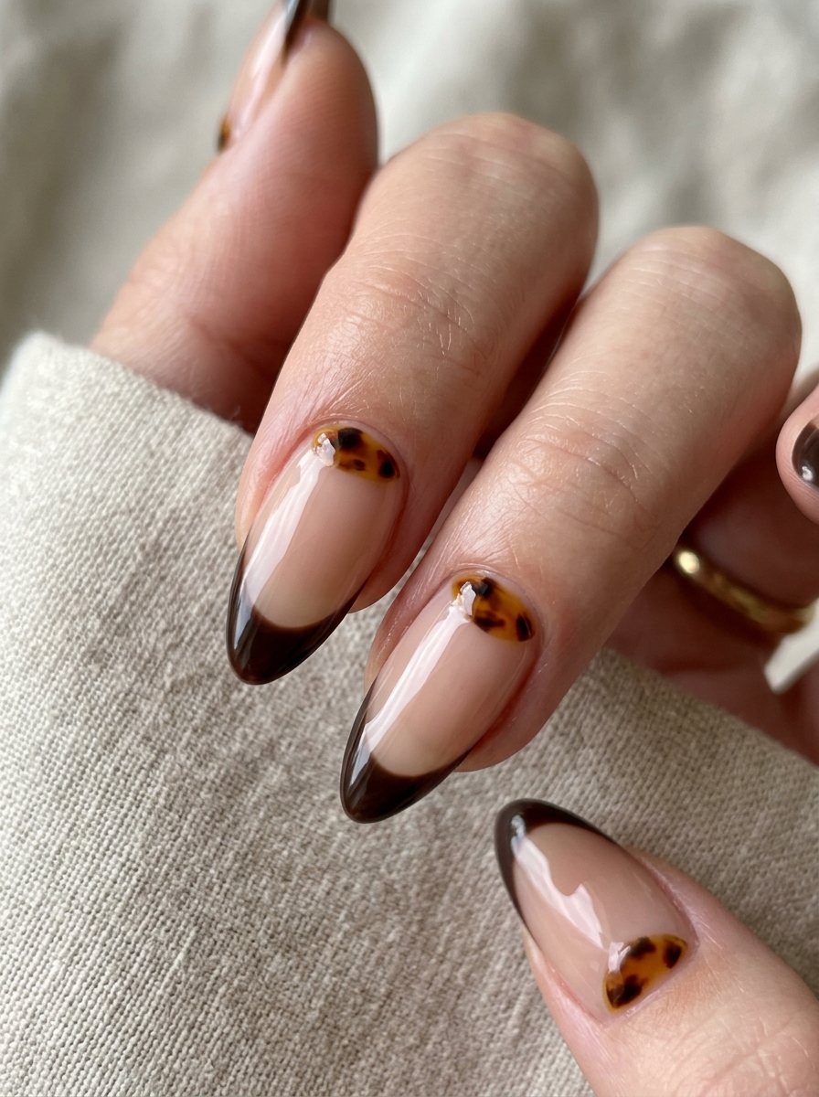 Dark Chocolate French with Tortoiseshell Cuticle Cuffs - moody dark academia nail art