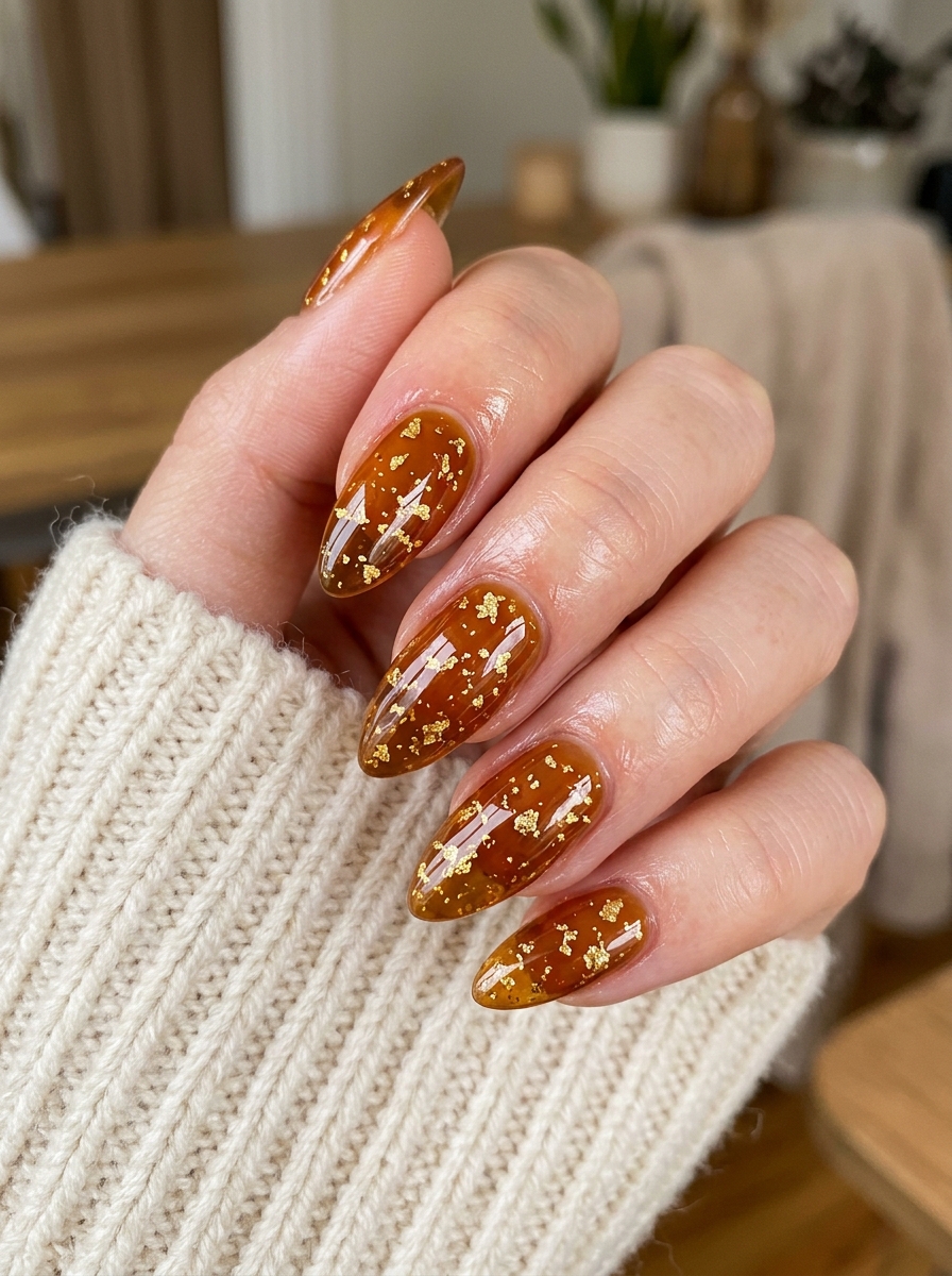 Translucent Smoky Black Tea Jelly with Gold Leaf - moody dark academia nail art