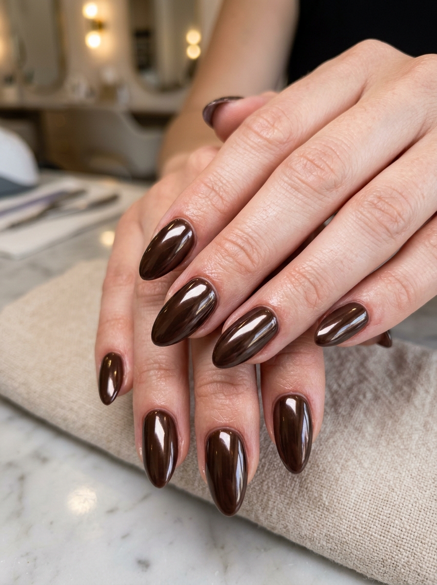 Glazed Espresso Mocha Coffee Chrome - moody dark academia nail art