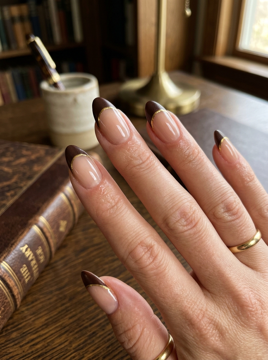 Espresso Leather French with Micro Gold Foil Rim - moody dark academia nail art