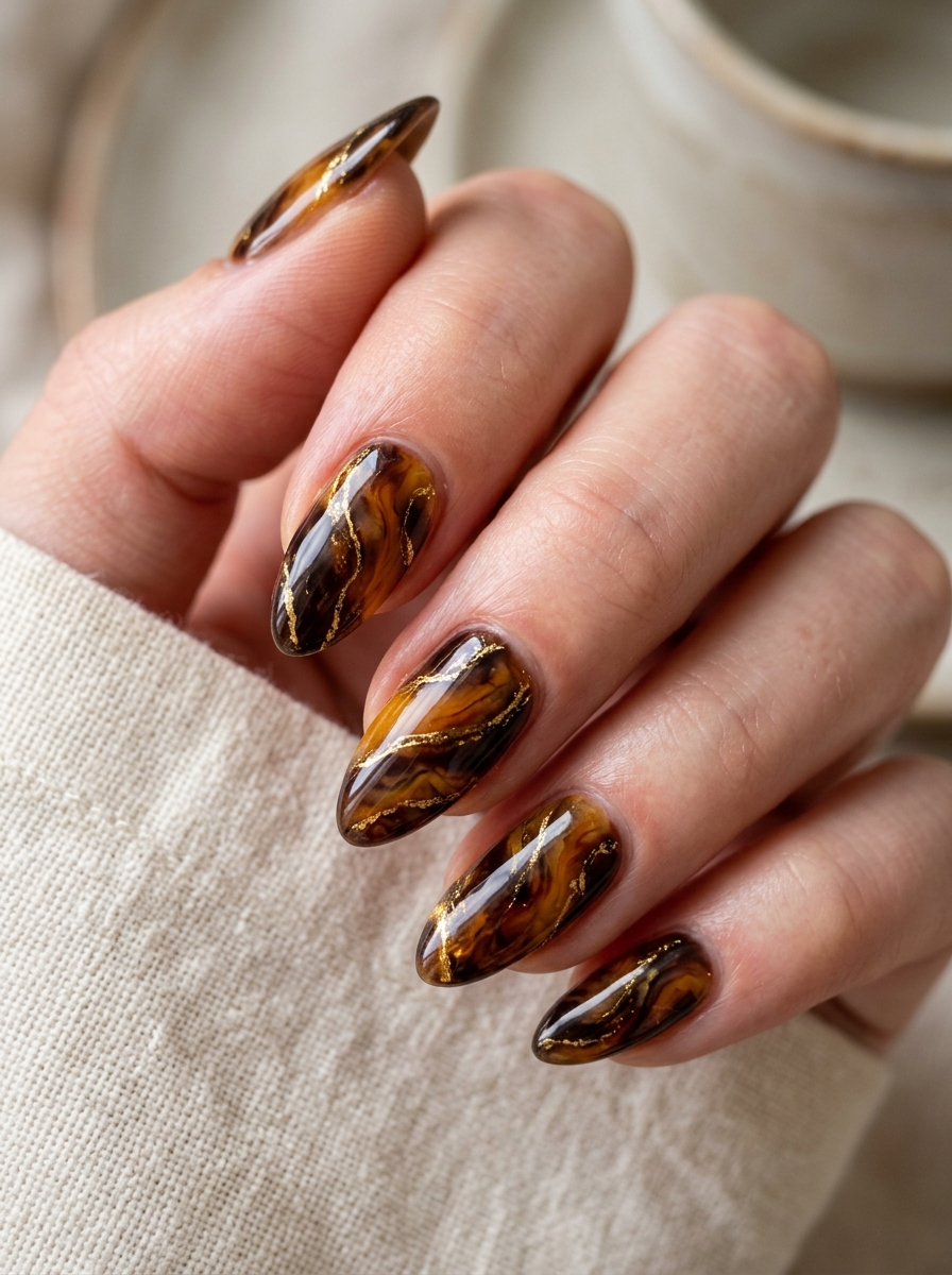 Amber & Espresso Marble Stone with Gold Veins - moody dark academia nail art