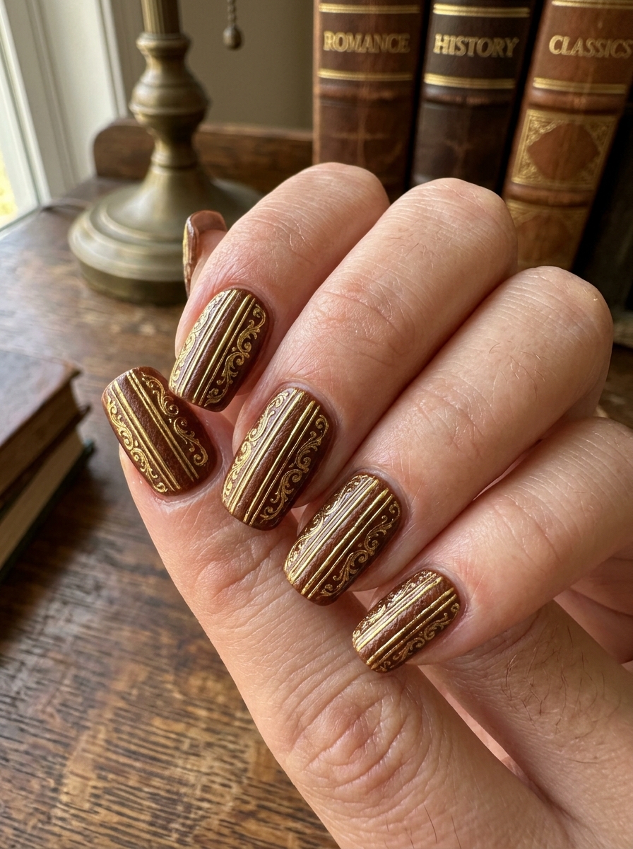 Antique Leather Book Spine with Gilded Ridges - moody dark academia nail art