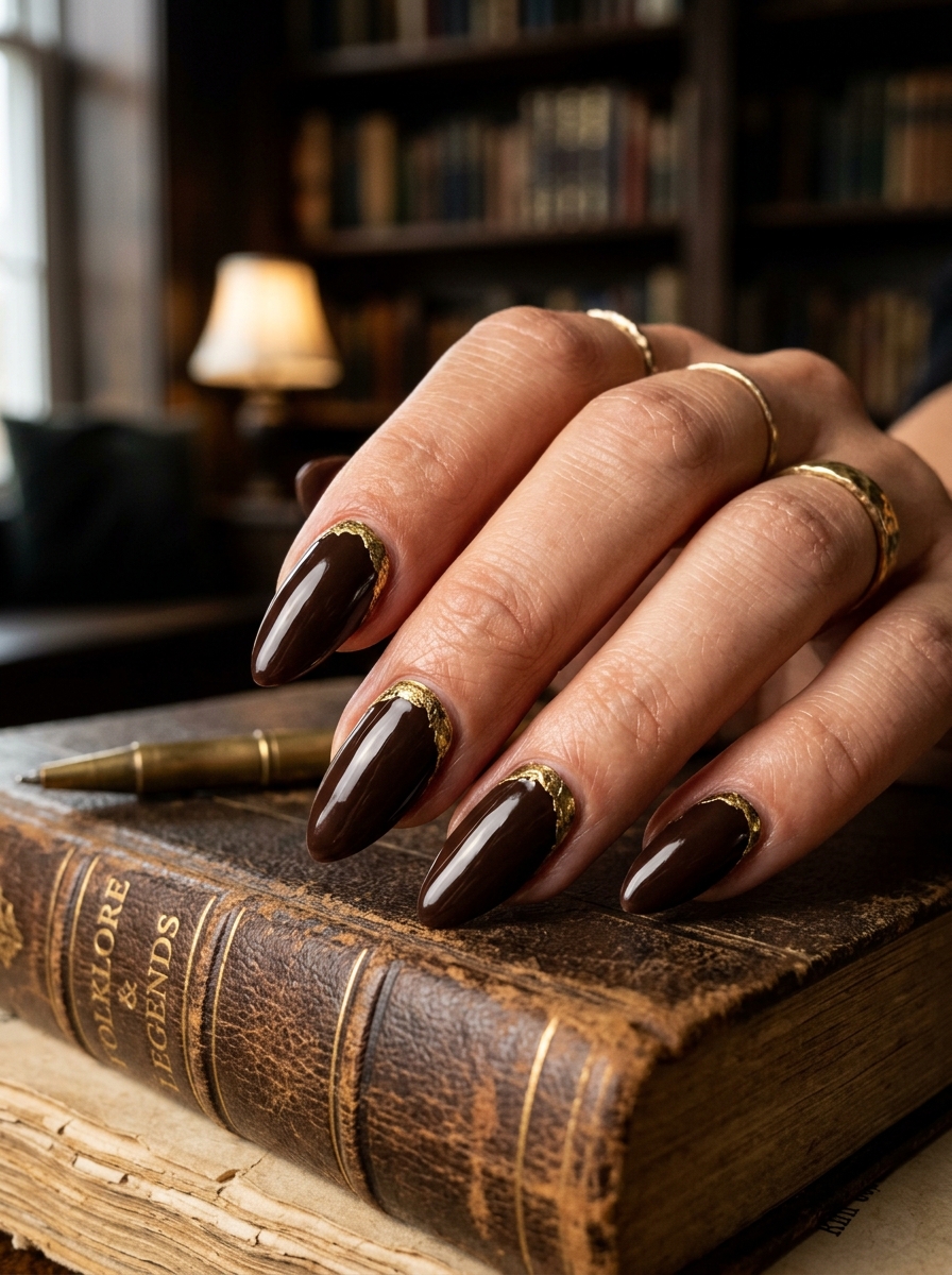 Tarnished Antique Brass Cuffs on Espresso Gel - moody dark academia nail art