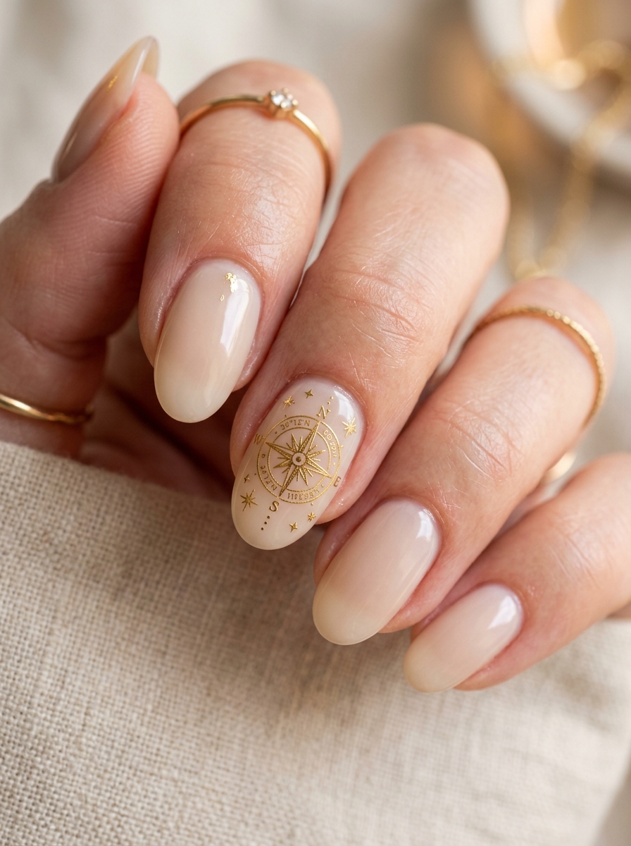 Antique Gold Navigational Compass on Milk Glass - moody dark academia nail art