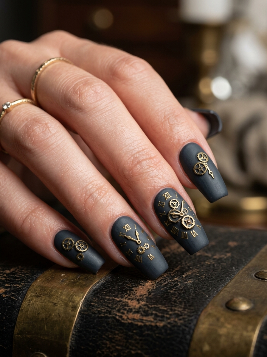 Slate Charcoal with 3D Antique Clockwork Gears - moody dark academia nail art