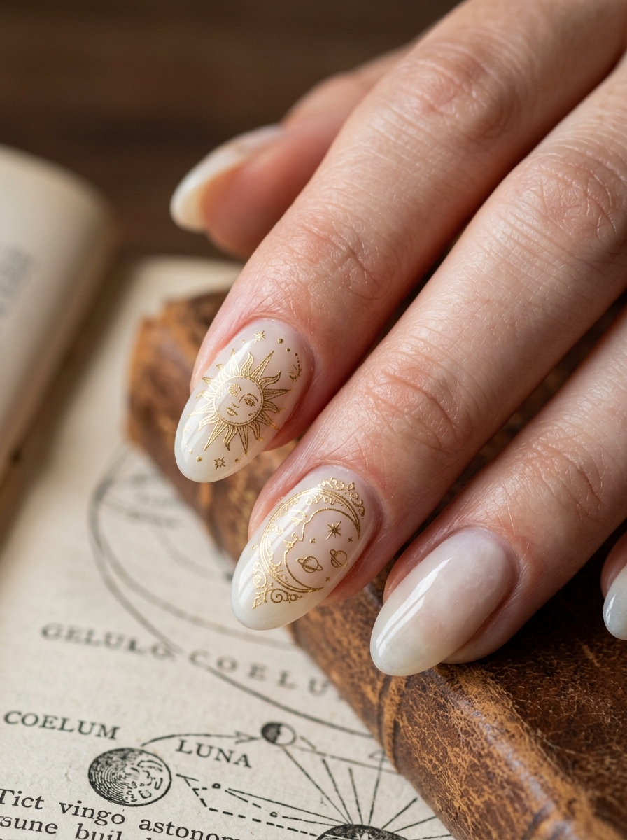 Celestial Sun & Moon Engravings from Antique Astronomy - moody dark academia nail art