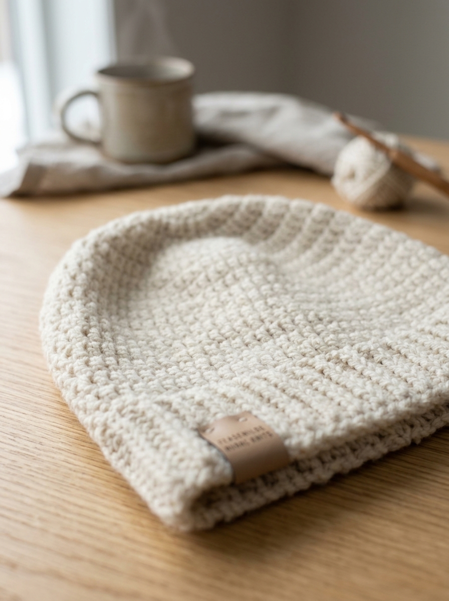 Close up detail of double crochet stitches and crown shaping
