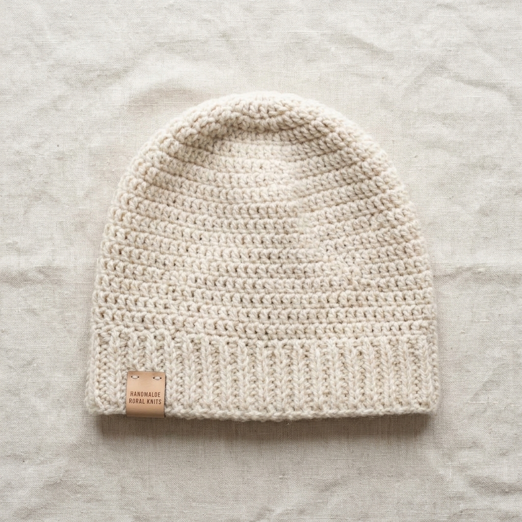 Overhead flat lay of completed charcoal grey crochet beanie