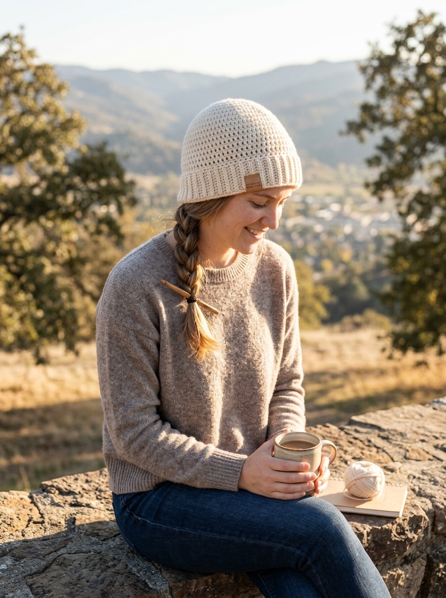 Model wearing minimalist handmade double crochet beanie