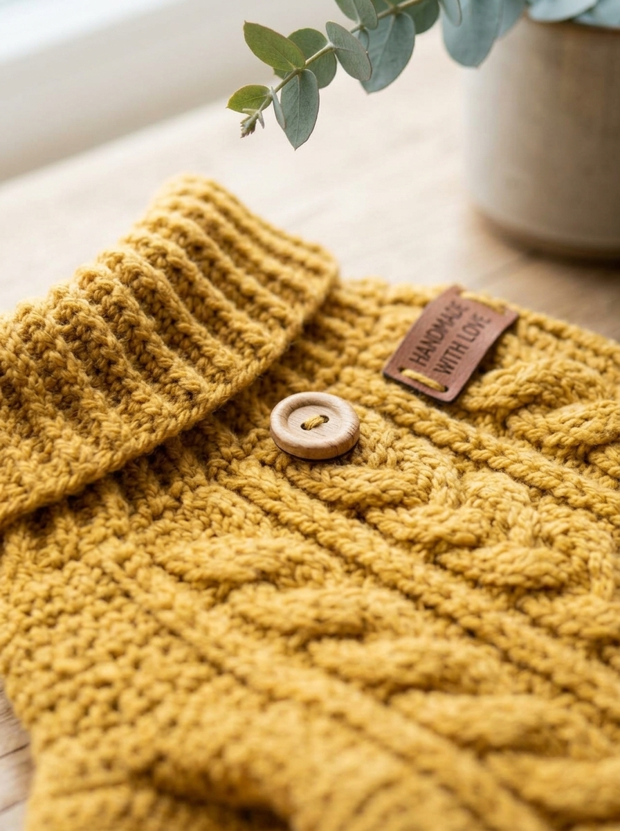 Detail of ribbed collar and textured stitch on crochet dog sweater