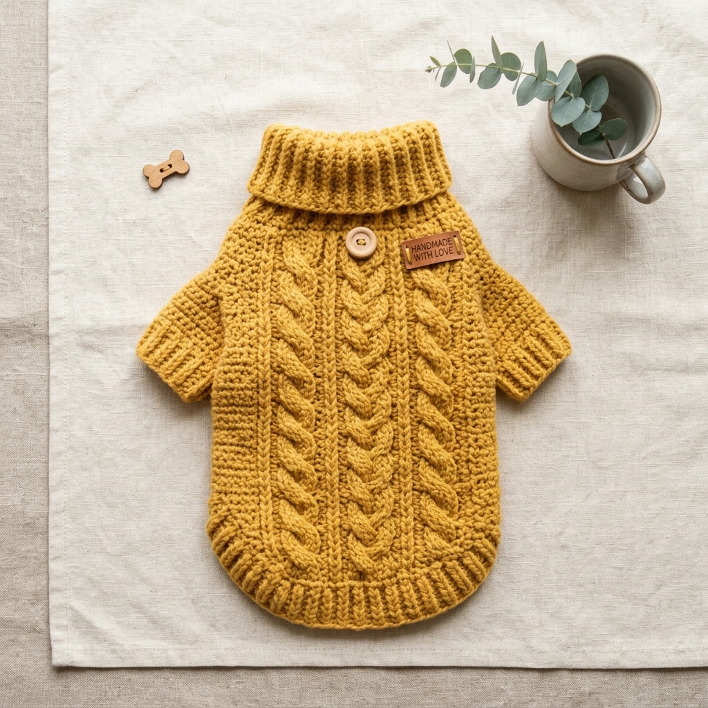 Overhead flatlay view of completed dog sweater