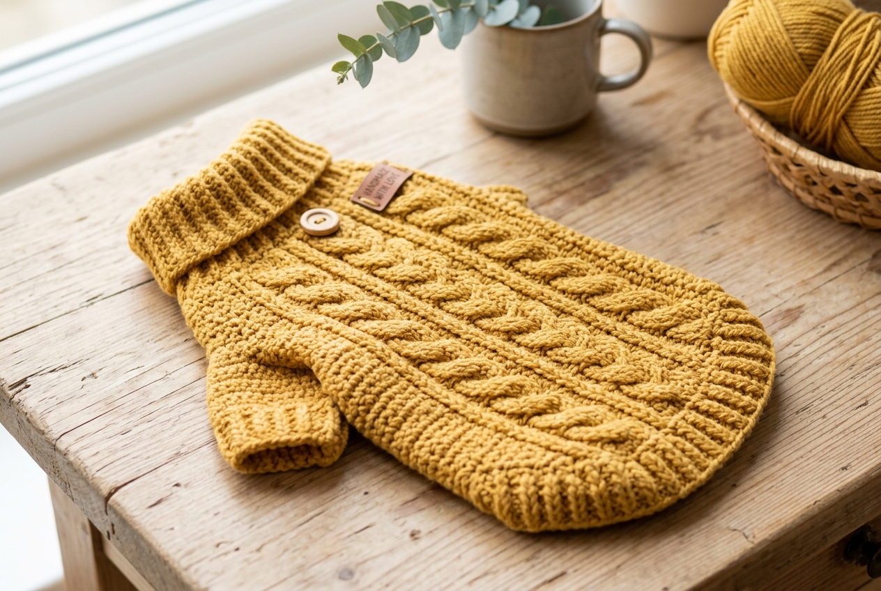 Handmade Cozy Crochet Dog Sweater in warm rust mustard color - ribbed crochet