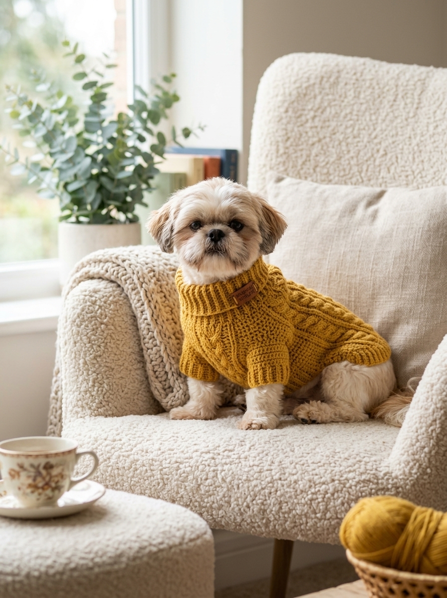 Small dog wearing cozy handmade crochet sweater