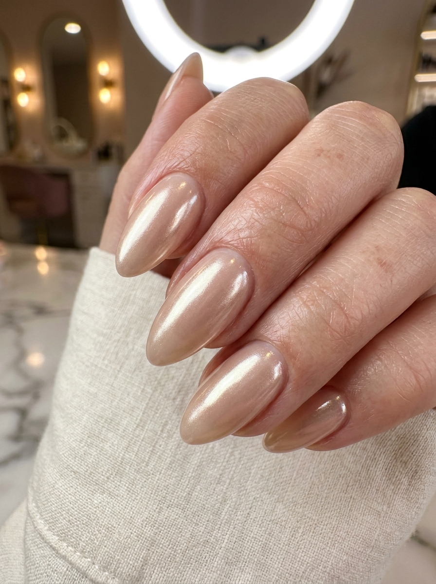 Champagne Silk Chrome Nude - elegant nude nails manicure design