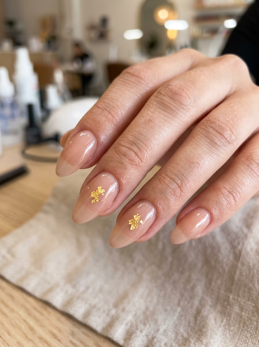 Single Gold Leaf Flake Nude - elegant nude nails manicure design
