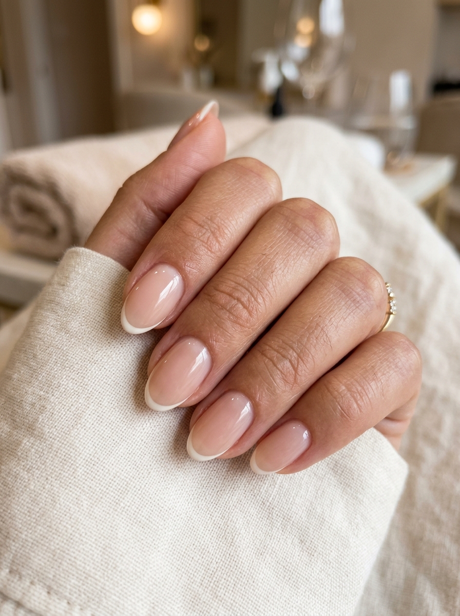 Soft Oval Cashmere French Touch - elegant nude nails manicure design