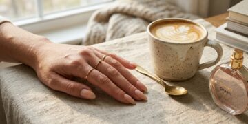 Elegant nude nails manicure flat lay with cozy linen fabric, ceramic latte cup, and luxury gold rings