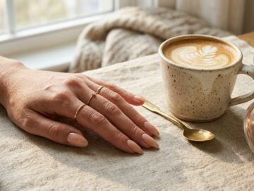 Elegant nude nails manicure flat lay with cozy linen fabric, ceramic latte cup, and luxury gold rings