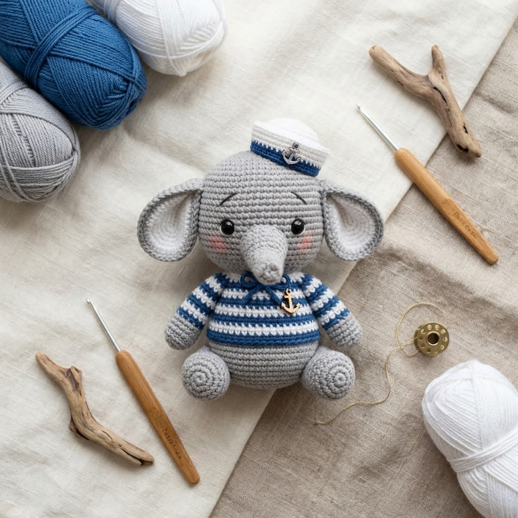 Overhead flat lay of the Balthazar amigurumi on a cream background