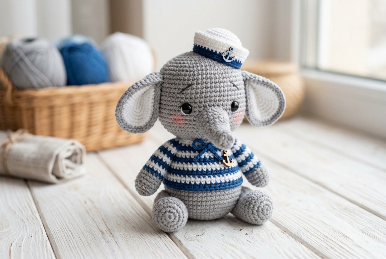 Hero shot of Balthazar the sailor elephant amigurumi - amigurumi elephant pattern