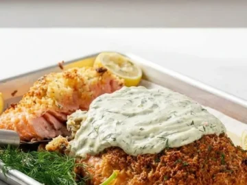 garlic parmesan crusted salmon with creamy dill sauce