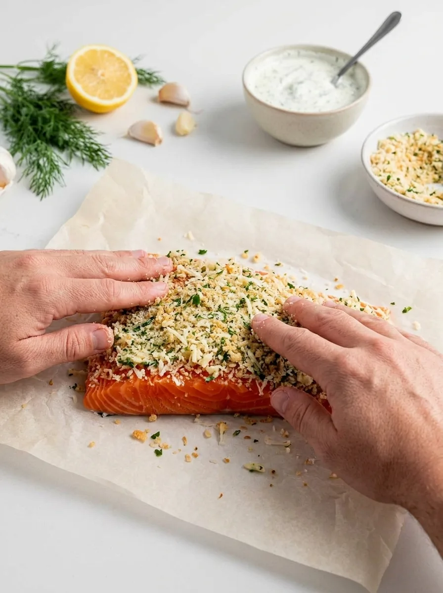 garlic parmesan crusted salmon - Garlic Parmesan Crusted Salmon with Creamy Dill Sauce