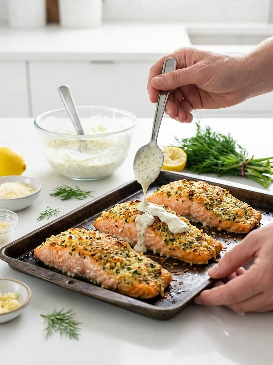Garlic Parmesan Crusted Salmon with Creamy Dill Sauce