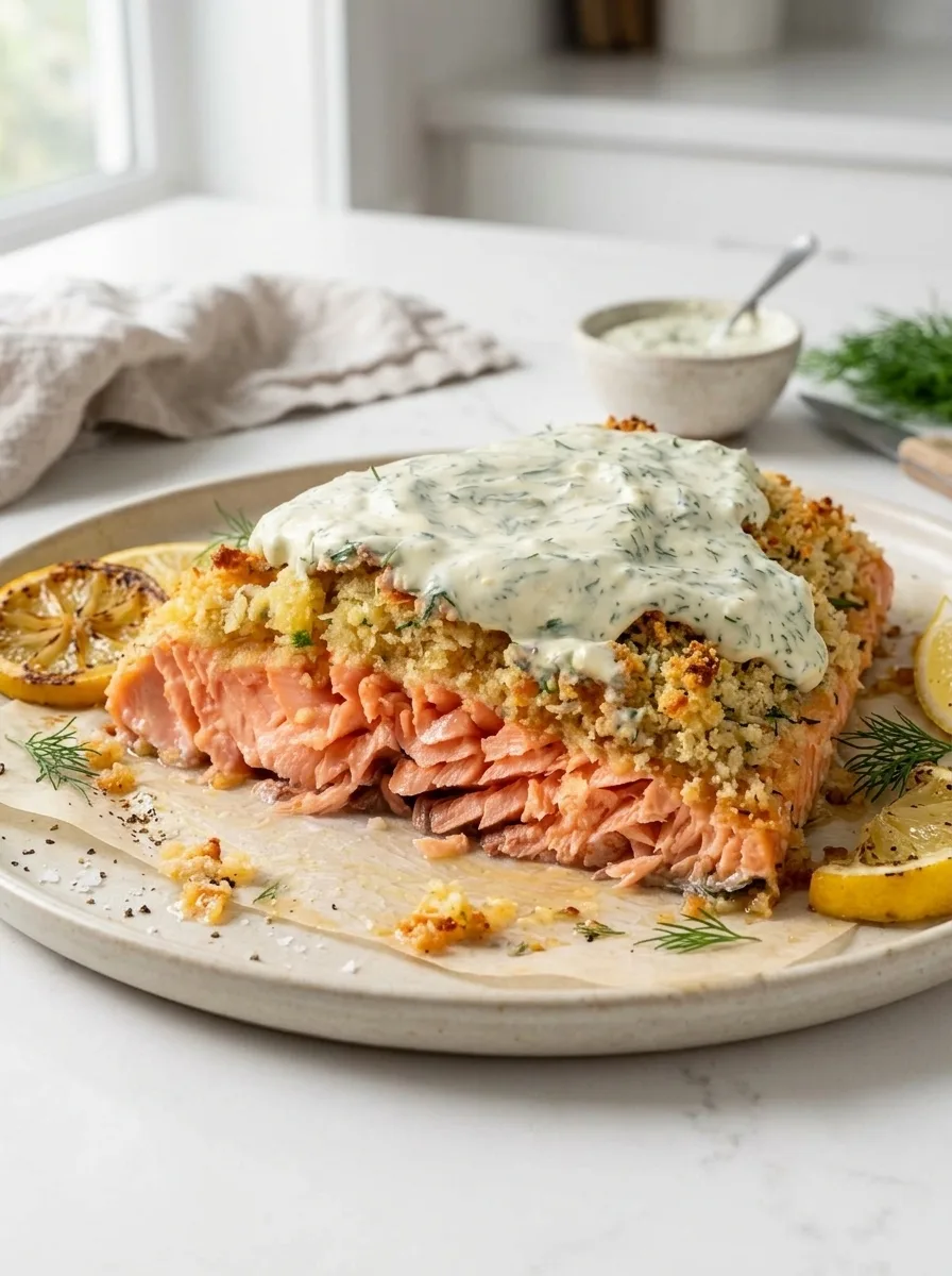 Garlic Parmesan Crusted Salmon with Creamy Dill Sauce