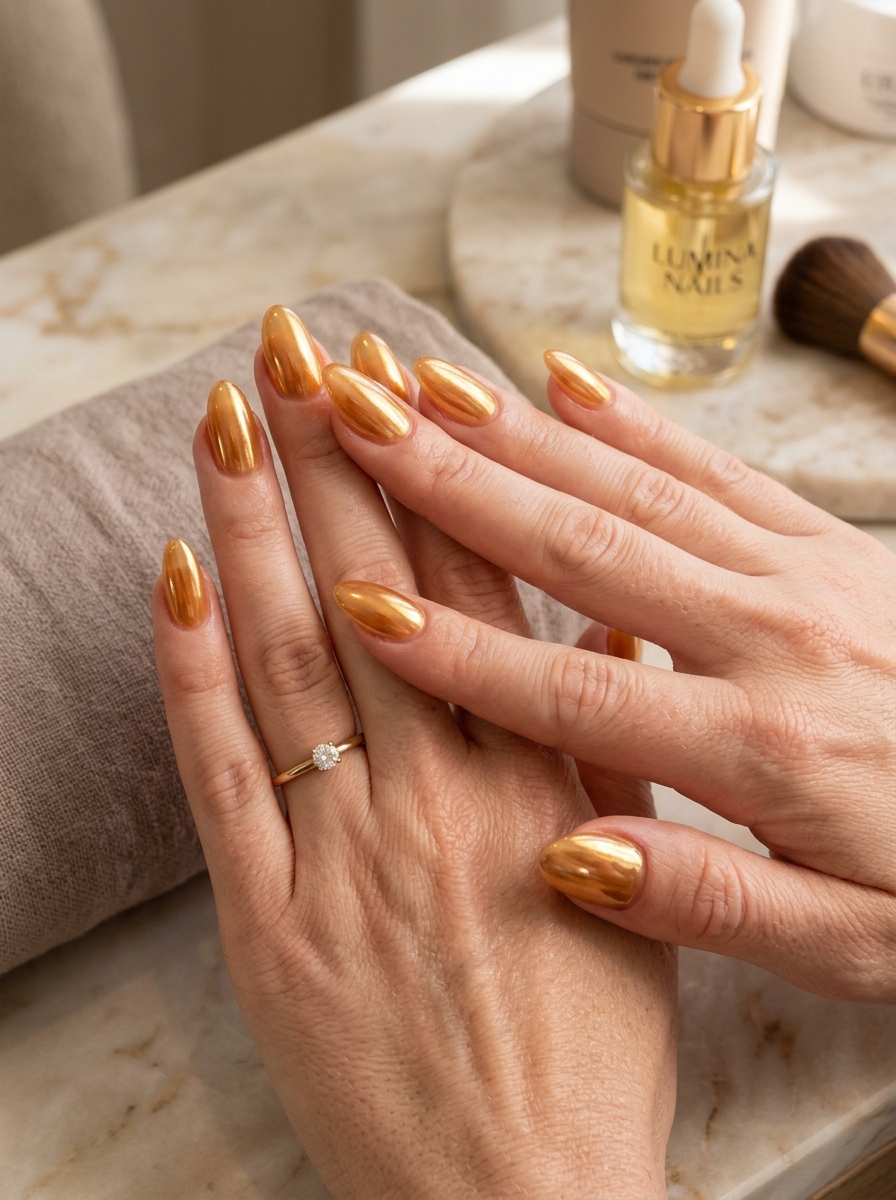 Honey Glazed Amber - glazed donut chrome nails design