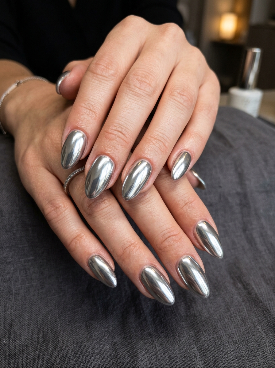 Molten Liquid Silver Mirror - glazed donut chrome nails design