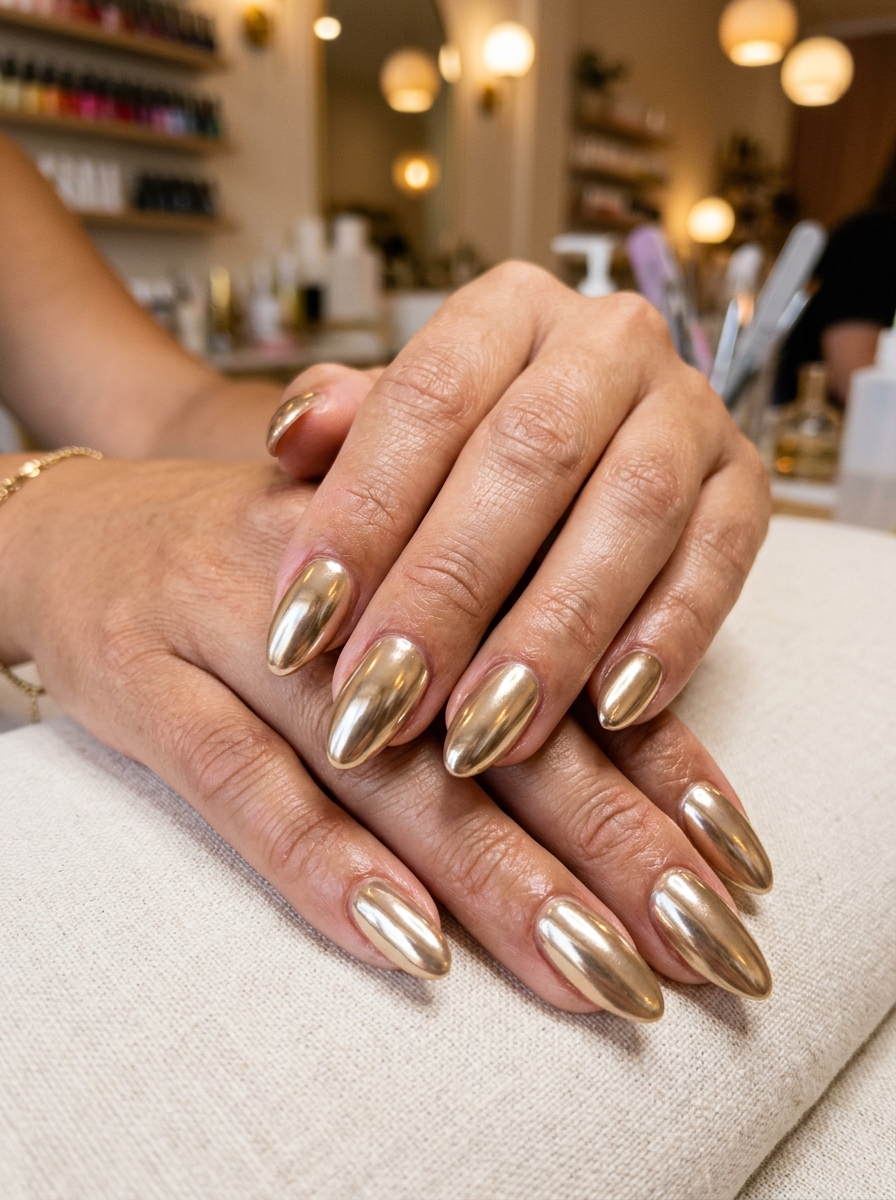 Pale Champagne Gold Chrome - glazed donut chrome nails design