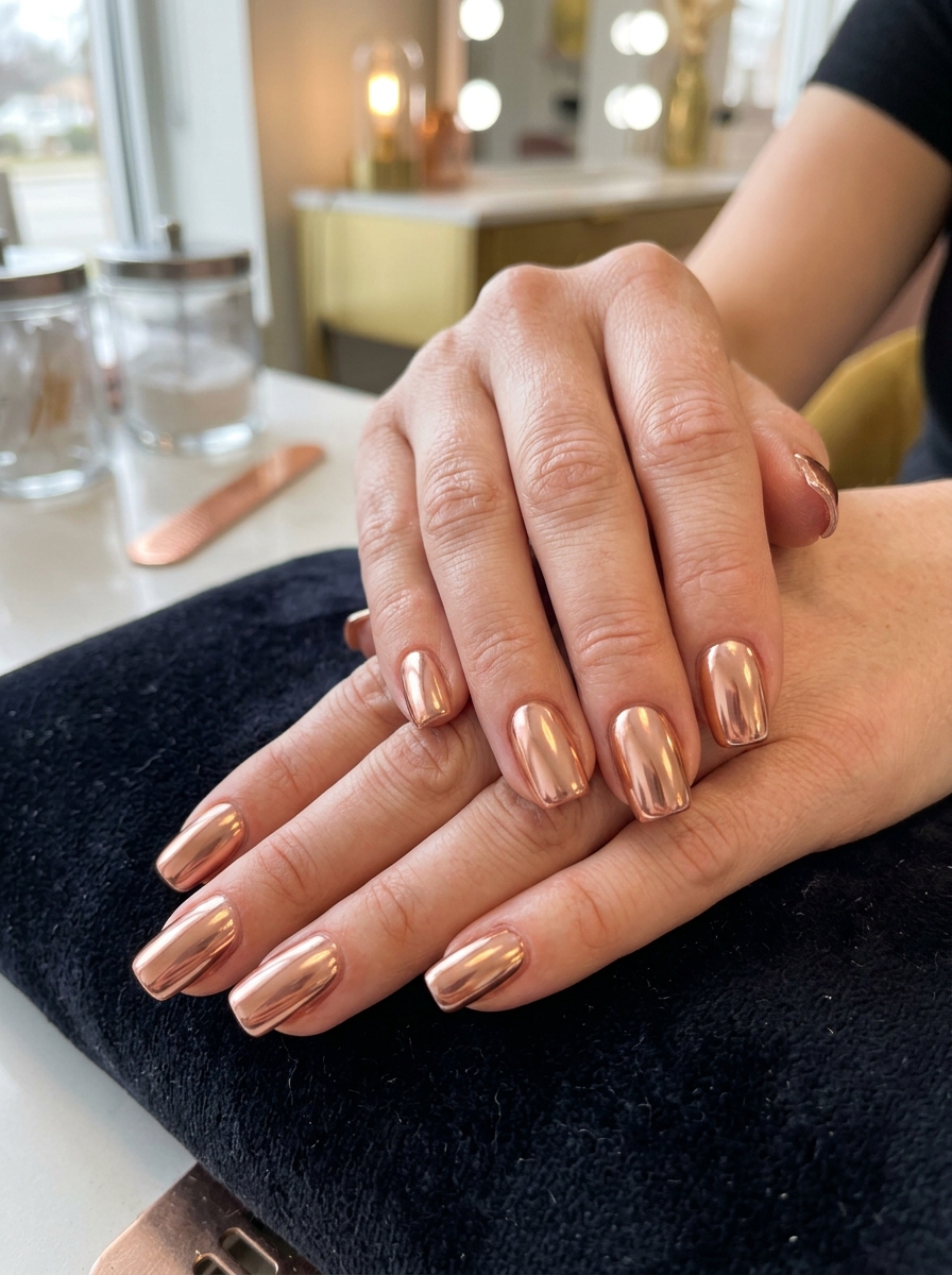 Rose Gold Sunset Mirror - glazed donut chrome nails design
