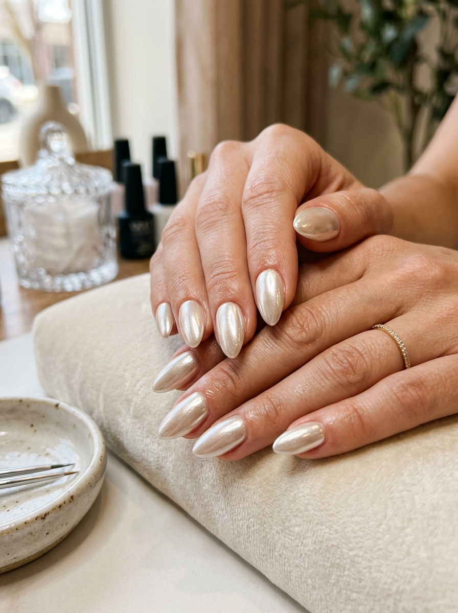 Molten White Gold - glazed donut chrome nails design