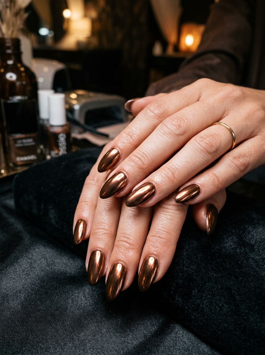 Antique Bronze Shimmer Chrome - glazed donut chrome nails design