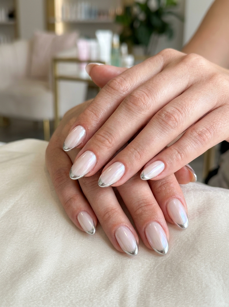 Glazed Donut Base with Chrome Silver French Tips - glazed donut chrome nails design