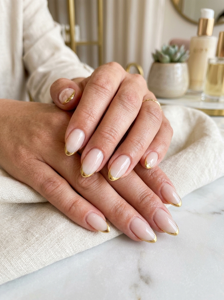 Liquid Gold French Smile Line - glazed donut chrome nails design