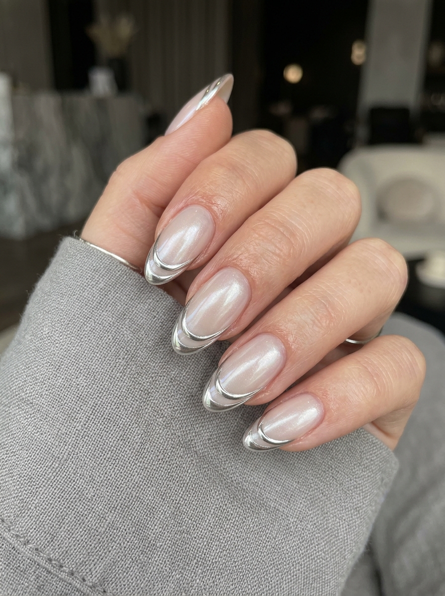 Two-Tone Chrome Double French - glazed donut chrome nails design
