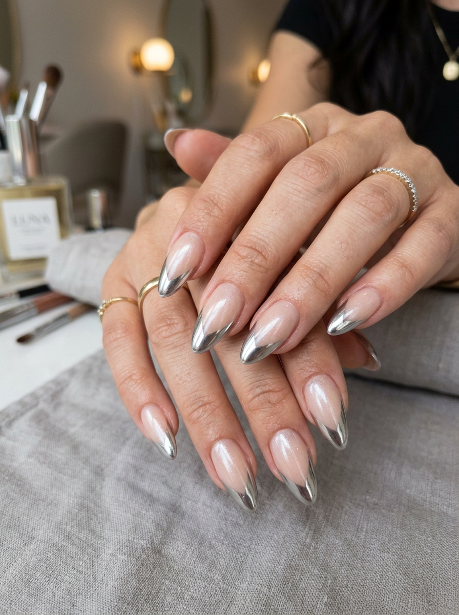 Diagonal Slanted Mirror Chrome Tip - glazed donut chrome nails design