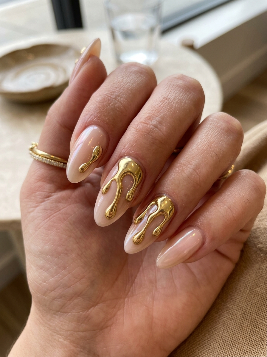 3D Liquid Chrome Drips - glazed donut chrome nails design