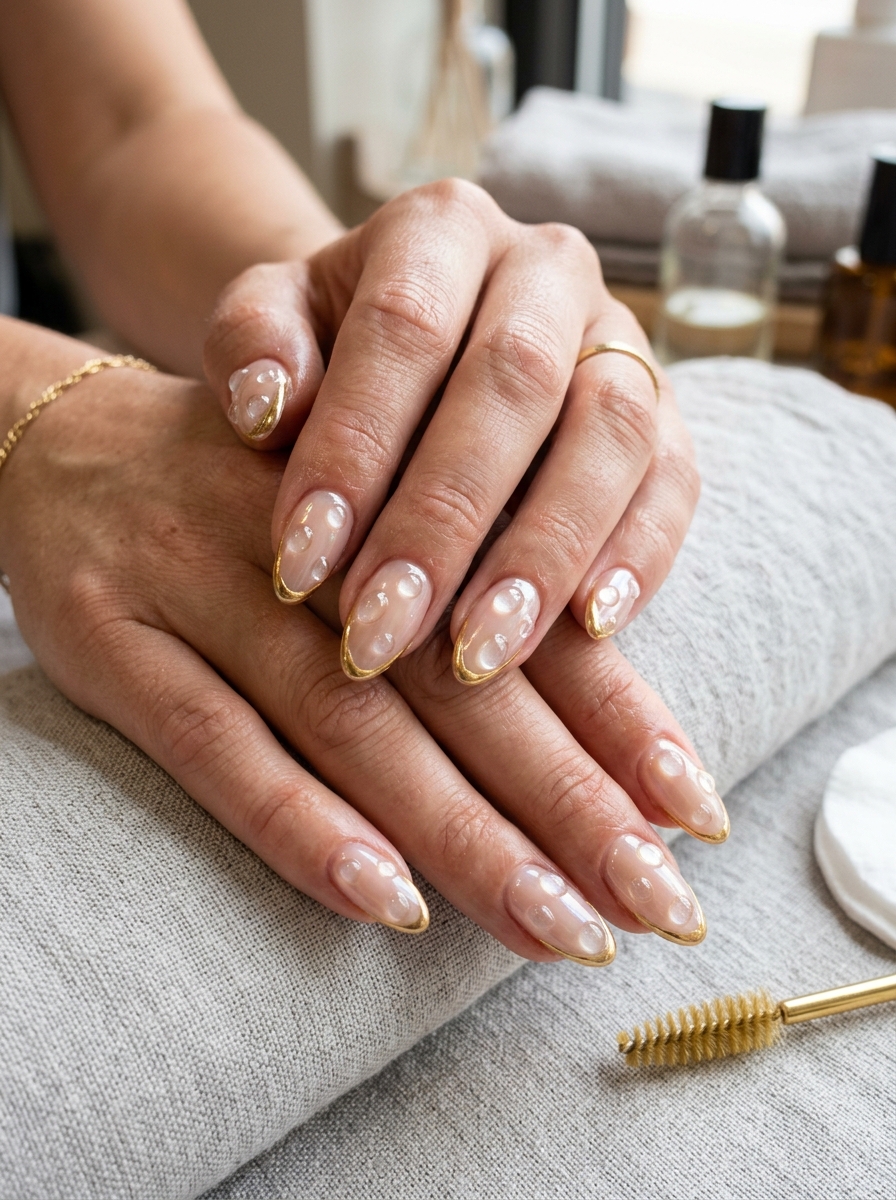 Chrome Dewdrop Accents - glazed donut chrome nails design