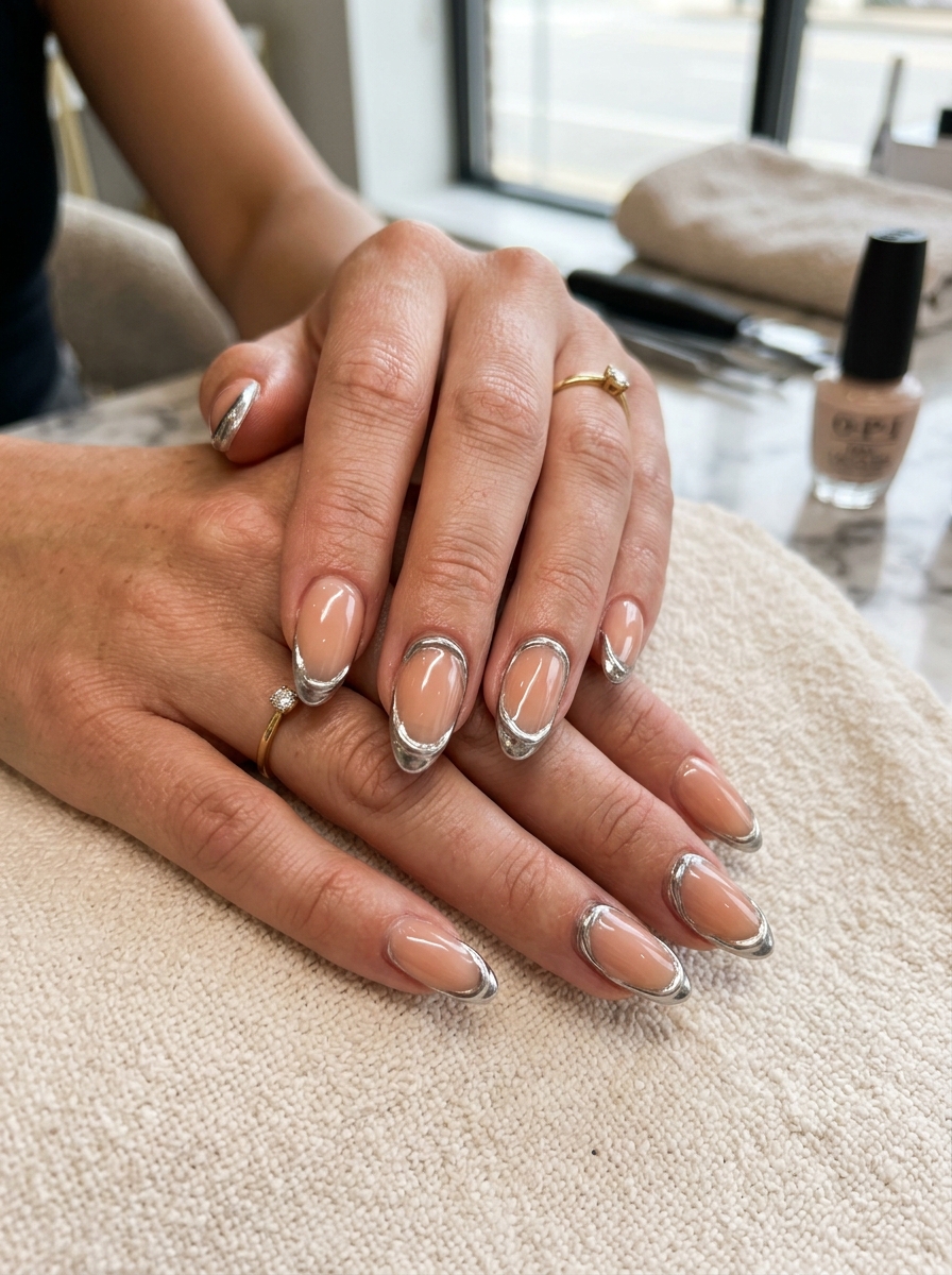 Sculpted Chrome Cuticle Frame - glazed donut chrome nails design